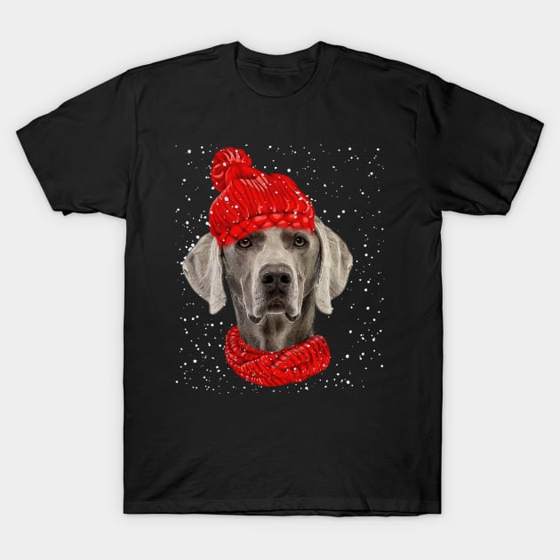 Weimaraner Wearing Red Hat And Scarf Christmas T-Shirt by Mhoon 